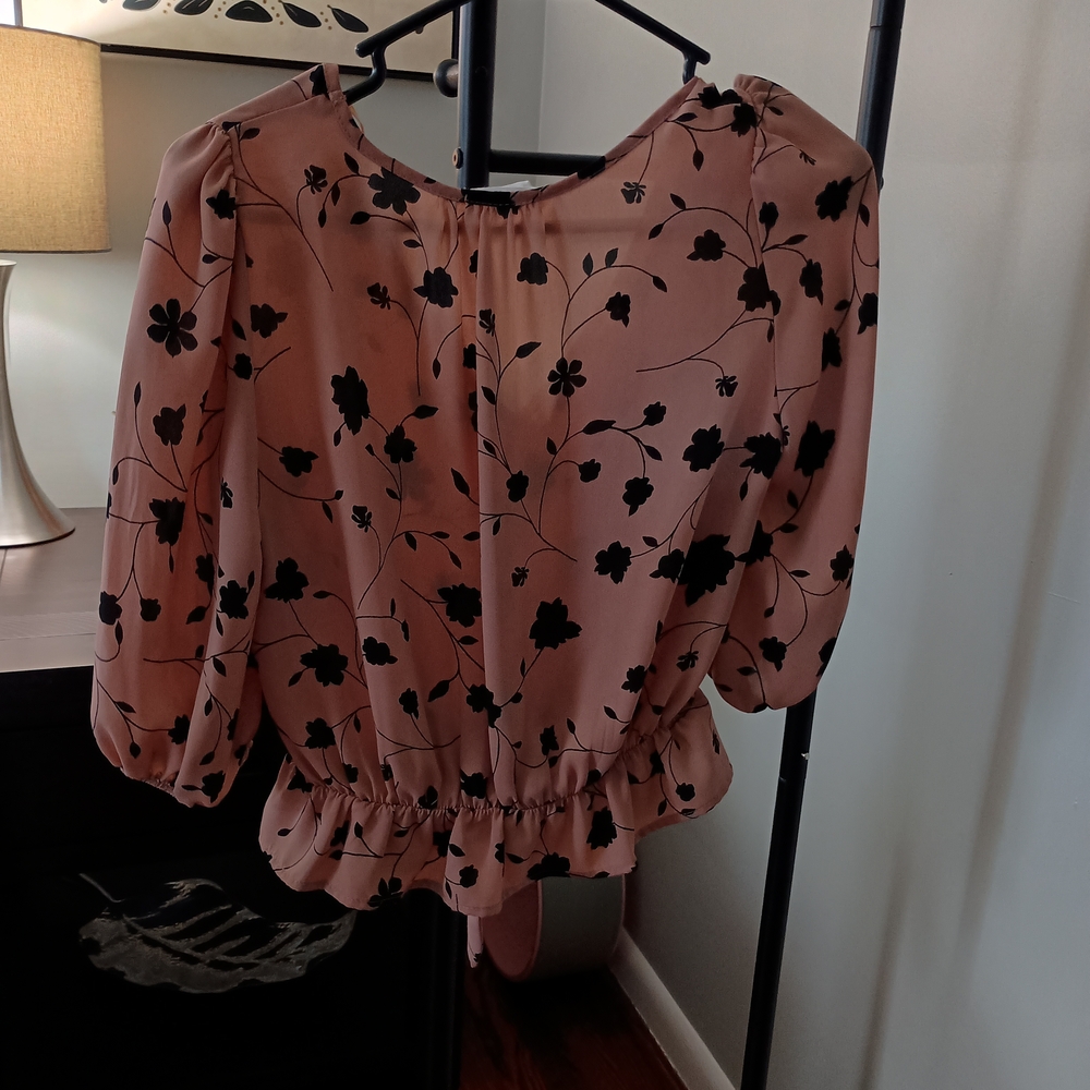 Floral Puff Sleeve Blouse - Pink and Black